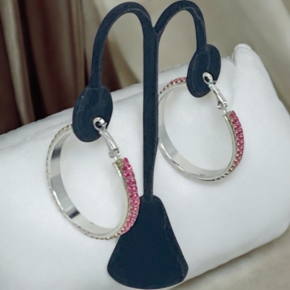 Hoop Earrings Large Fuchsia Pink & Silver Crystal Rhinestone Hoop Earrings - Picture 3 of 5